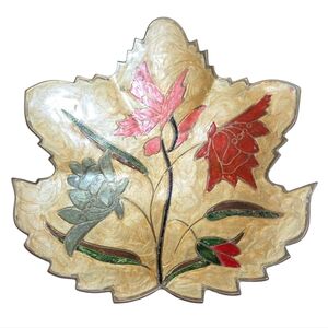 Vintage India‎ Made Floral Enamel On Brass Leaf Shaped Bowl Dish 8.5"X8.5"X1.5"